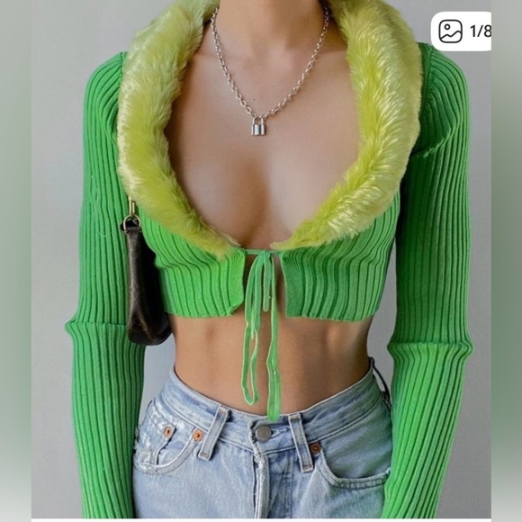 Urban Outfitters Lime Green Cardigan with Faux Fur Trim sz XS TP - Picture 3 of 10